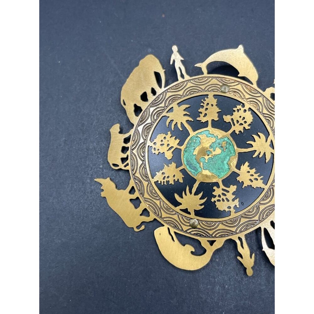 Vintage Signed Silver Forest One World Earth Brass Animal Tree Brooch Pin - Picture 7 of 13